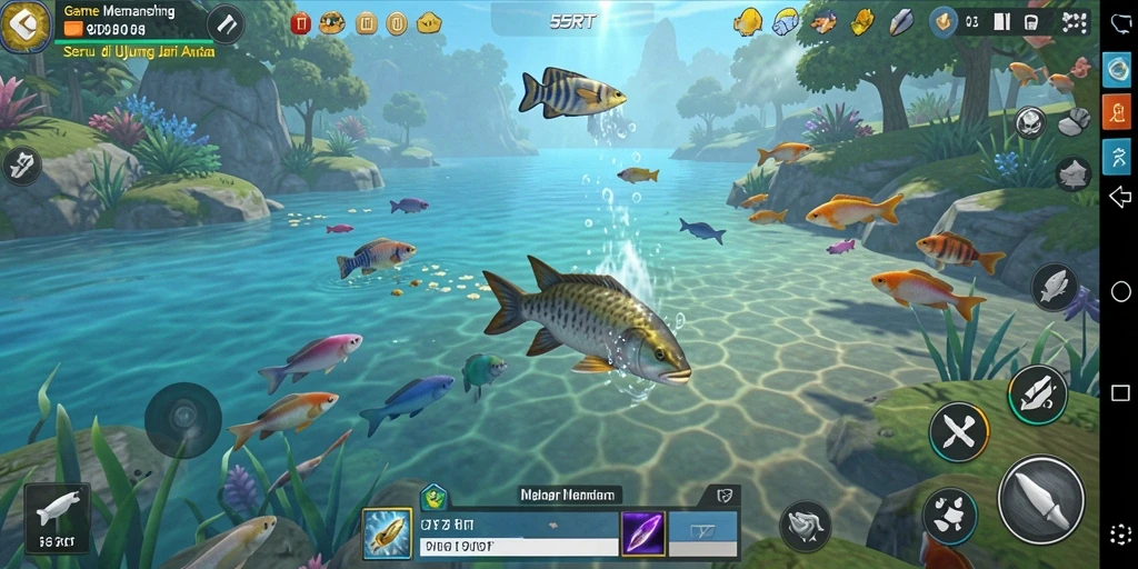 Tampilan gameplay 55RT saat menangkap ikan besar di laut.