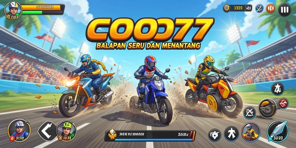 Gameplay seru COO77 dengan mobil balap beraksi di trek.