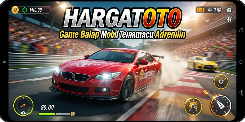 Tampilan balapan mendebarkan di HARGATOTO dengan mobil penuh kecepatan.