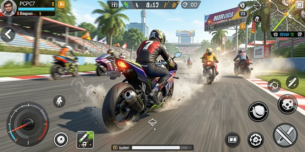 Tangkapan layar gameplay <strong>PCPC7</strong> menampilkan balapan motor yang seru dan grafis menakjubkan.