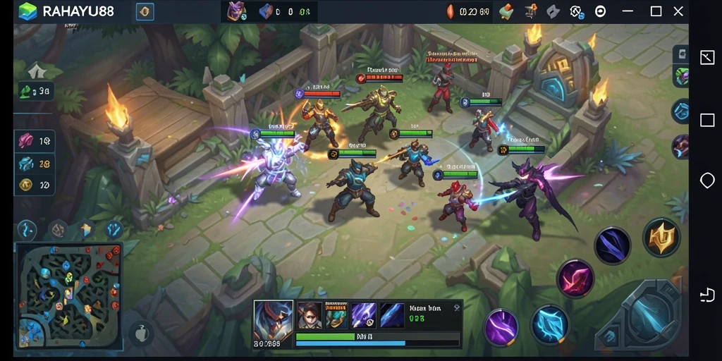 Tangkapan layar RAHAYU88 dengan aksi seru dalam pertarungan tim MOBA.