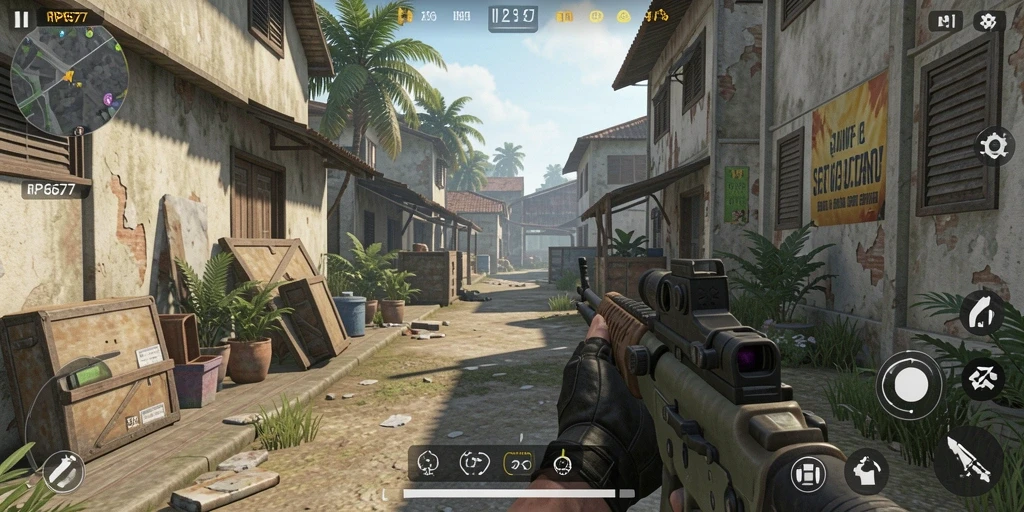 Screenshot RP6677 menampilkan aksi pertempuran mendebarkan dalam game FPS.