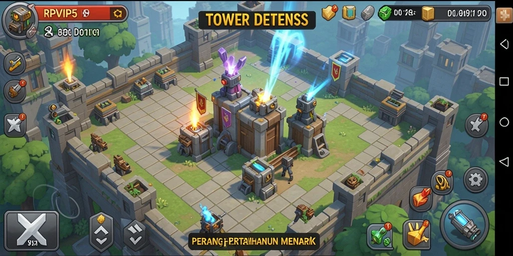 Tampilan gameplay RPVIP5 dengan menara pertahanan yang epik.